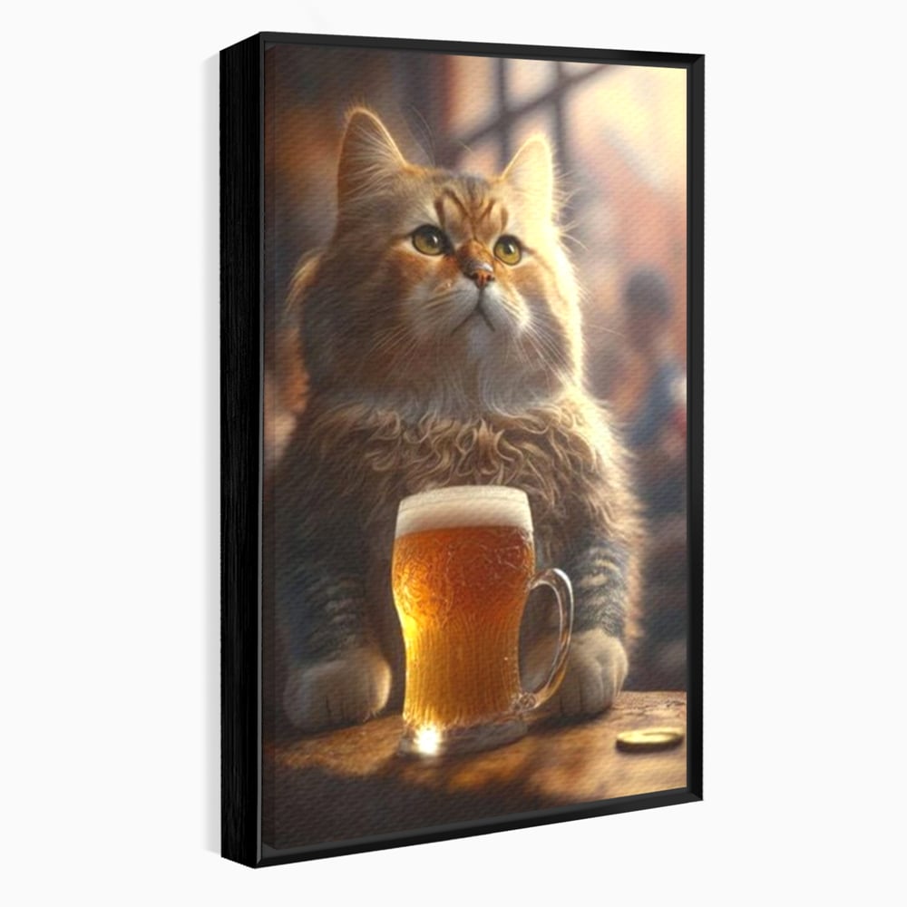 Tablou canvas cu tablou canvas cu motan pufos si halba de bere, in rama de aluminiu negru